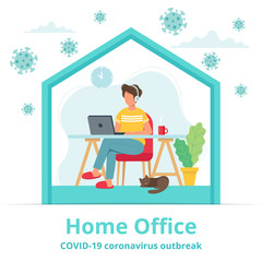 Home office during coronavirus outbreak concept, male employee works from home. Vector illustration in flat style