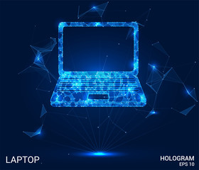 Hologram laptop. A notebook made up of polygons, triangles , points, and lines. Laptop low-poly connection structure. The technology concept.
