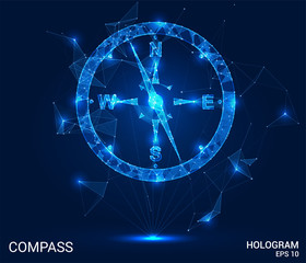 A hologram compass. A compass of polygons, triangles , points, and lines. Compass is a low-poly compound structure. The technology concept. © newrossosh