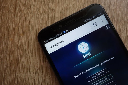 KONSKIE, POLAND - JULY 08, 2018: High Performance Blockchain (HPB) cryptocurrency website displayed on Huawei Y6 2018 smartphone