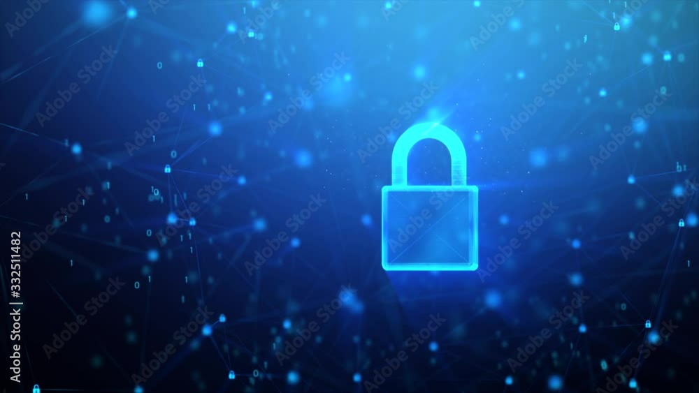 Poster 3d rendering lock icon with random 0 1 binary digit number and connection chain background, for digi