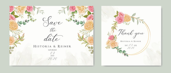 Wedding invitation card with colourful floral and leaf
