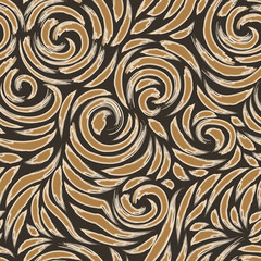 Vector seamless texture of spirals and blots with torn edges in brown shades. Contrast beige pattern for fabrics or wrapping paper on a dark background.