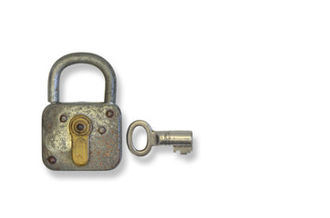 Rusty old Padlock with Key, close up, isolated on white Background