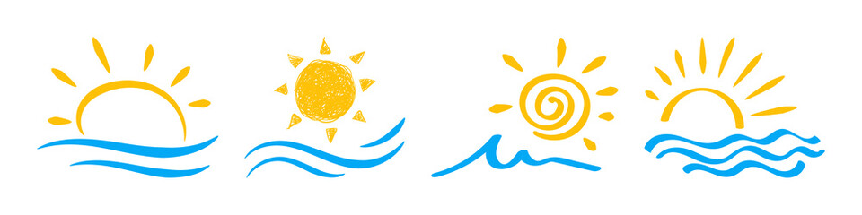 Sun and sea, ocean icon set illustration. Drawn by hand.
