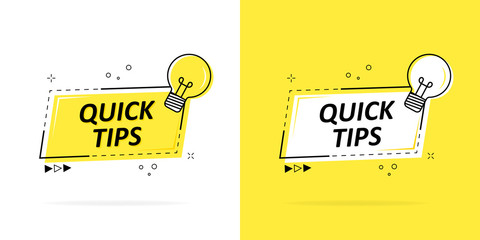 Quick tips with a logo, badge or character set in black and yellow and a light bulb for web design. Vector illustration.
