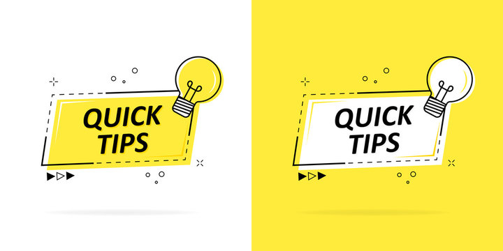 Quick tips with a logo, badge or character set in black and yellow and a light bulb for web design. Vector illustration.