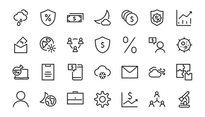 Set of business vector line icons. It contains user symbols, dollar pictograms, gears, briefcase, puzzles, envelope, percentage, messages, schedule, and more. Editable Bar 460x460 pixels.