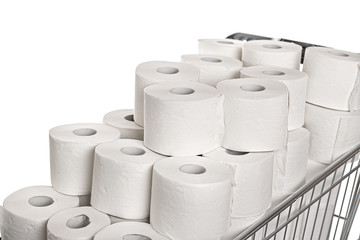 Shoping cart filled with toilet paper, hamster purchase. On white background