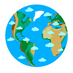 Vector cartoon Illustration of Earth with clouds on white background.