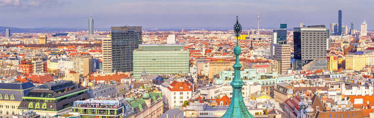 Cityscape, panorama, banner - top view of the city of Vienna from the south tower of St. Stephen's Cathedral, Austria