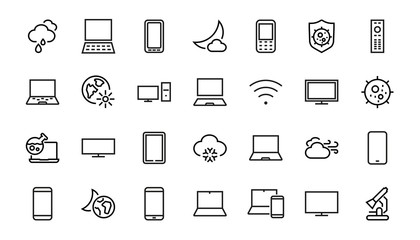  set of smart devices and gadgets, computer hardware and electronics. Electronic device icons for web and mobile vector lines. Editable stroke. 480x480 pixels