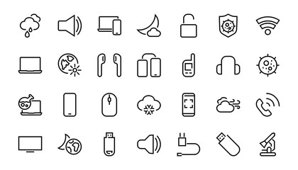 A set of smart devices and gadgets, computer hardware and electronics. Electronic devices icons for web and mobile vector lines. computer, telephone. Editable stroke. 48x48 pixels
