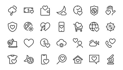  The set of icons about love contains such icons as love of music, declaration of love, heart, favorite home, Linear set. Vector on a white background. Editable stroke. 480x480