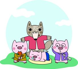 Three little cute pigs and a big bad wolf