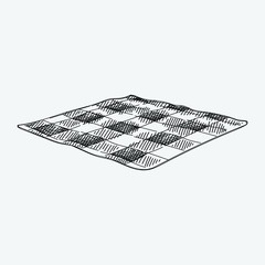 Hand-drawn sketch of a Checkered Picnic Blanket for picnic on a white background.  Plaid Outdoor Picnic Blanket for picnic on a white background.