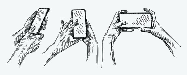 Hand-drawn sketch of smartphone gestures set. The set includes hands taking a selfie or simply making a picture, hands unlocking the phone, hands zooming the image in the phone. - 332514235