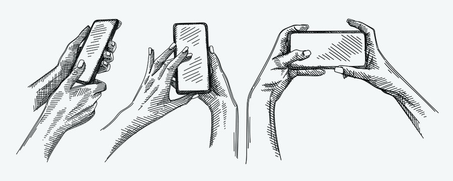Hand-drawn sketch of smartphone gestures set. The set includes hands taking a selfie or simply making a picture, hands unlocking the phone, hands zooming the image in the phone.