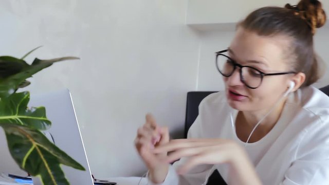 young woman tutor call on laptop online chat. student wear headphone talk by computer webcam to teacher, learn at home quarantine isolation by video conference. teaching concept. distance webinar