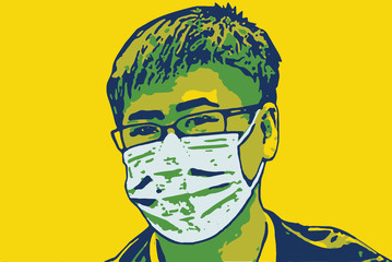 Graphic illustration of a sick asian man with a surgical mask. colours are green, yellow and blue. Representing a disease outbreak precautions.