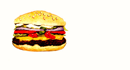 Panino imbottito con hamburger  e ortaggi, isolato su sfondo bianco