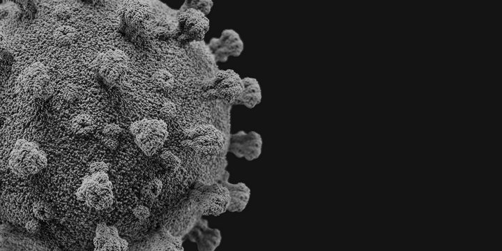 Coronavirus 2019-nCov COVID-19 microscopic view. Floating virus cell. Corona virus 3d detail render. Microscope virus close up. Dangerous Asian virus.