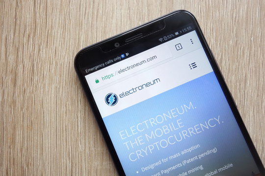 KONSKIE, POLAND - JULY 08, 2018: Electroneum (ETN) cryptocurrency website displayed on Huawei Y6 2018 smartphone