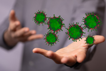 Hologram of coronavirus COVID-2019 on a protection futuristic background. Deadly type of virus...