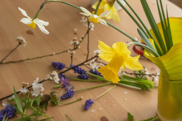 Still life with spring flowers on wooden table. Yellow daffodils,primrose,violets, hyacinths. Prepare for ikebana or bouquet of purple, yellow, orange, white flowers, leaves and branches. Red scissors