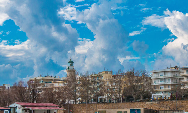 Alexandroupoli City, lighthouse and cloudy sky. Alexandroupolis, Evros, Greece.