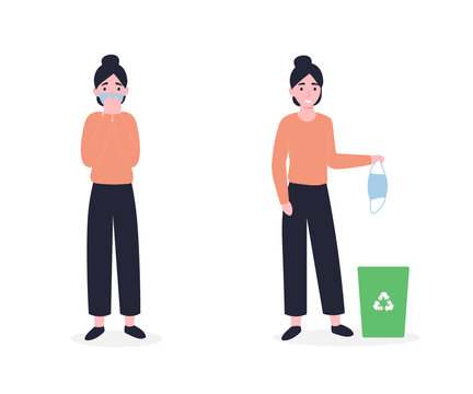 girl in a medical mask, girl throws a mask in the bin