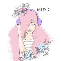 Obraz na płótnie Canvas Cute cartoon girl listening to music on headphones