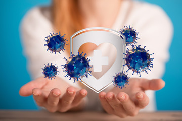 Hologram of coronavirus COVID-2019 on a protection futuristic background. Deadly type of virus...