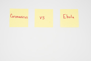 Coronavirus versus Ebola in bold red lettering on a yellow sticky note with copyspace