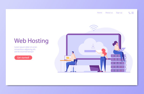 Web hosting. Concept of cloud computing, online database, technology, security, computer, web data center, server.  Vector illustration for web banner, infographics, mobile app