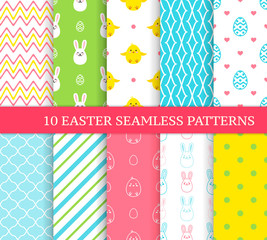 Ten different Easter seamless patterns. Endless texture for wallpaper, fill, web page background, texture. Colorful cute background with Easter bunnies, chicks, curved lines and ornate eggs.
