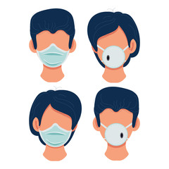 Woman and man are wearing mask and respirators, be sure to wear on your face.Stop virus infection.Required airways protection. Medical information banner.Vector illustration,flat design,cartoon style.