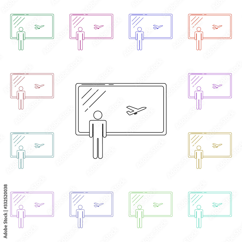 Aufkleber look at departing aircraft from the airport multi color style icon. simple thin line, outline vector