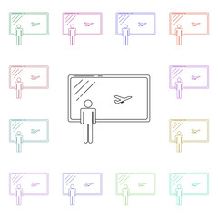Look at departing aircraft from the airport multi color style icon. Simple thin line, outline vector of airport icons for ui and ux, website or mobile application