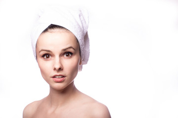 girl with a white towel on her head, white background