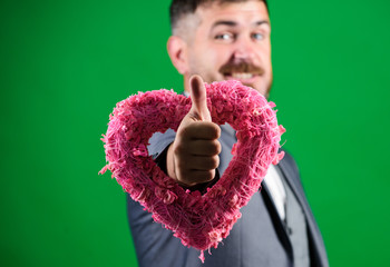 Valentines day holiday. Love. Wedding day. stylish esthete with decorative heart. bearded man in...