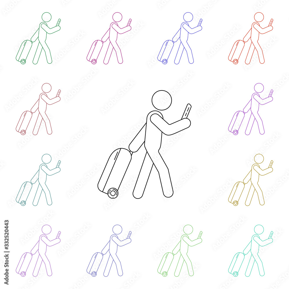 Poster passenger with baggage and ticket multi color style icon. simple thin line, outline vector of airpor