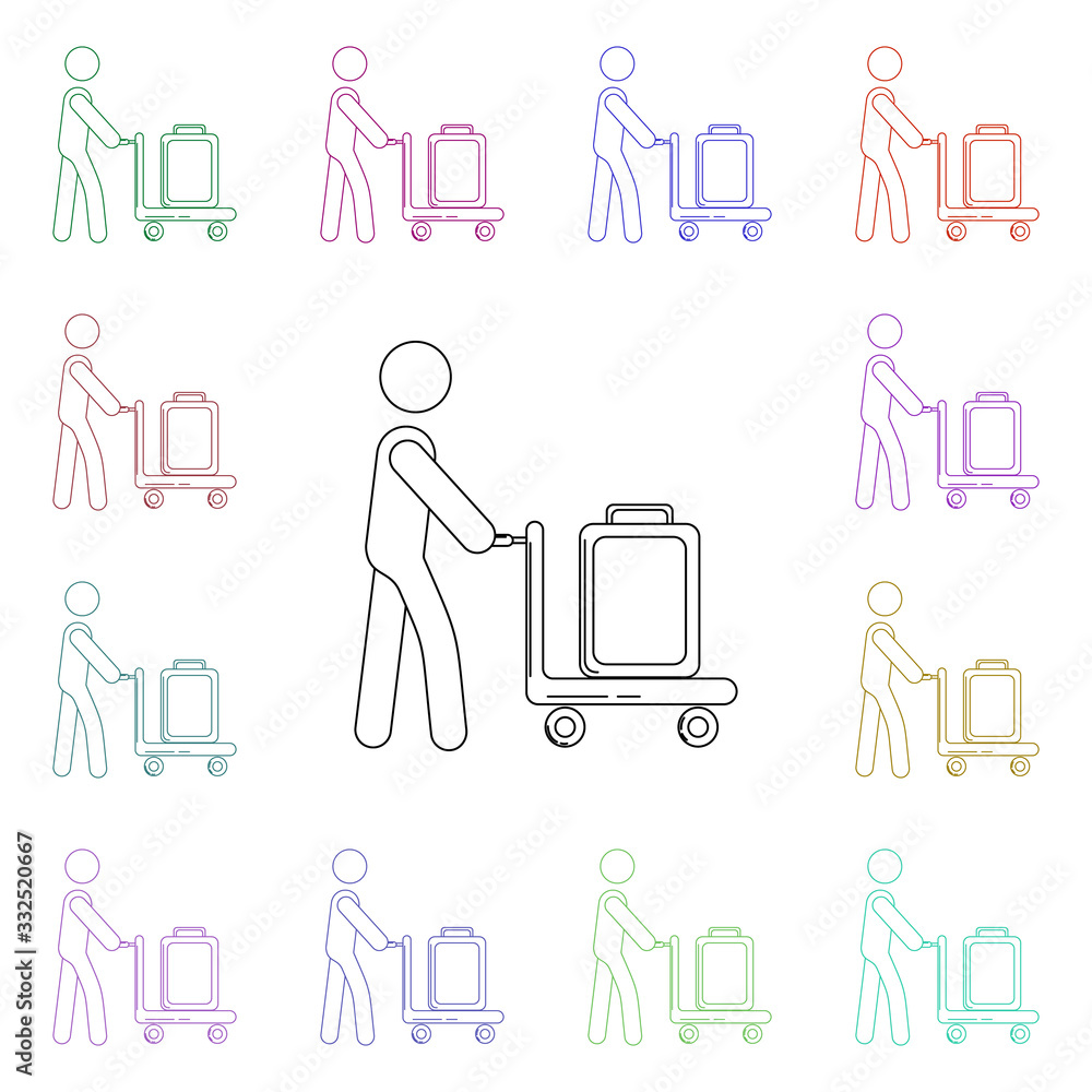 Aufkleber passenger with a trolley and luggage multi color style icon. simple thin line, outline vector of air