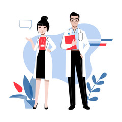 Healthcare And Medicine Concept. Young Cheerful Doctors In Uniform Are Standing With Medical Accessories. Man And Woman Pharmacists On Abstract Background. Cartoon Linear Outline Vector Illustration