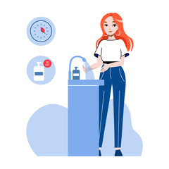 Concept Of Precautionary Measures For Avoidance Viruses Infection. Young Woman Is Washing Hands Under Faucet With Sanitizer At Least 30 Seconds. Cartoon Linear Outline Flat Style Vector Illustration