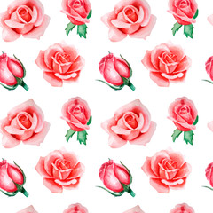 Watercolor seamless pattern with rose flowers, summer wedding background.