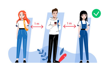 Coronavirus And Quarantine Concept. Keep distance sign. Coronavirus epidemic protective Distance. People Keep Safety Distance To Prevent Infection. Cartoon Linear Outline Flat Vector Illustration