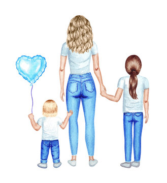 Watercolor illustration for Mother's day. Mother with her children standing, back view.