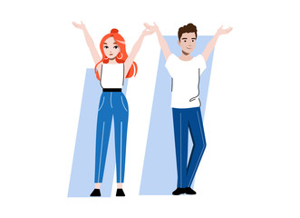 Fototapeta premium Concept Of Happy Students. Man And Woman Are Standing With Hands Up And Smiling. Carefree Students Life. Happy Couple On Abstract Background. Cartoon Linear Outline Flat Style. Vector Illustration