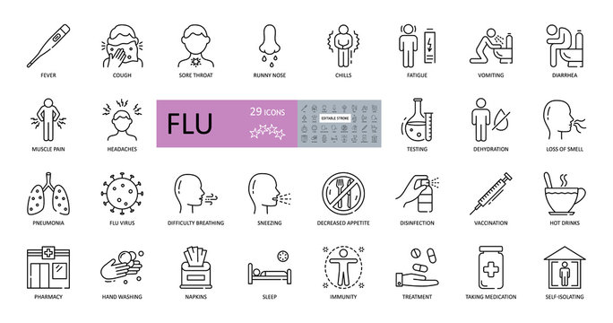 Set of vector flu icons with editable stroke. Symptoms, treatment and prevention of colds. Virus, fever, sneezing, runny nose, fatigue, headache, muscle pain, pneumonia, vomiting, cough, sore throat